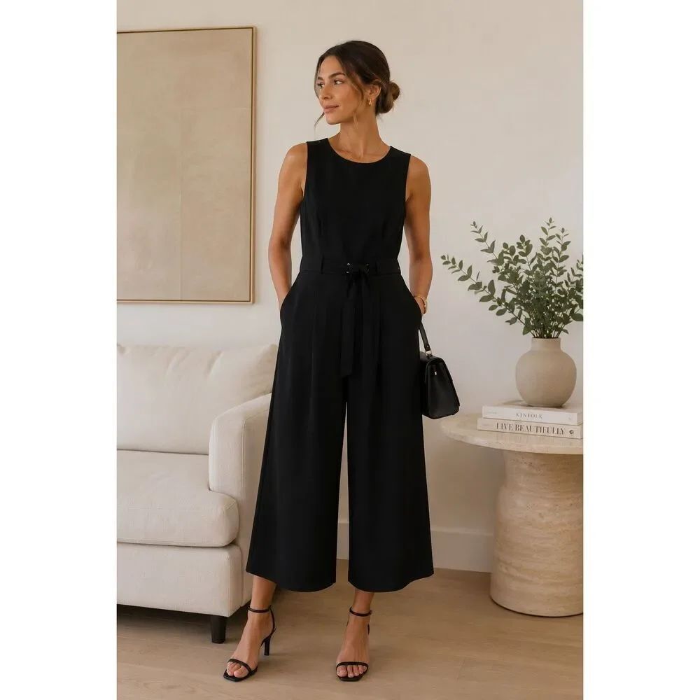 Rachel Zoe wide-leg cropped jumpsuit sz M career quiet luxury minimalist